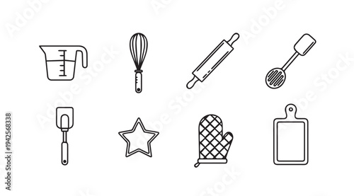 Baking Utensil Icons: Measuring Cup Whisk Rolling Pin Scoop Spatula Star Mitt Board