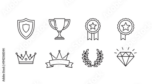 Award Icons Set: Trophy Crown Shield Diamond Ribbon Laurel WreathLine Art
