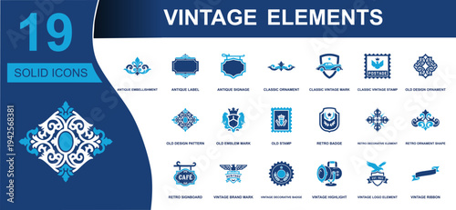 Vintage elements icon set. Containing antique labels, ornaments, badges, stamps, ribbons, signboards, emblems, decorative marks and more. Solid fill vector icons collection for retro branding.