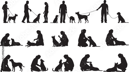 Black silhouettes of people walking and training dogs on leashes, men and women interacting with pets, domestic animal care icons for graphic design