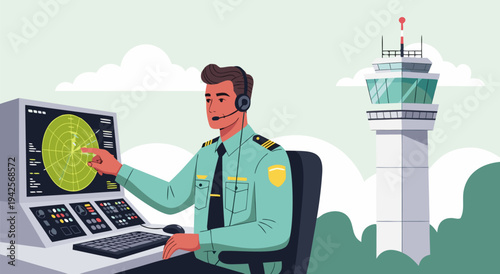 Air traffic controller vector illustration guiding aircraft vector illustration from radar screen in airport control tower