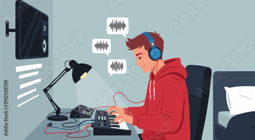 Vector illustration of a young man wearing headphones, creating music on a keyboard, with sound waves emanating, digital art for music production