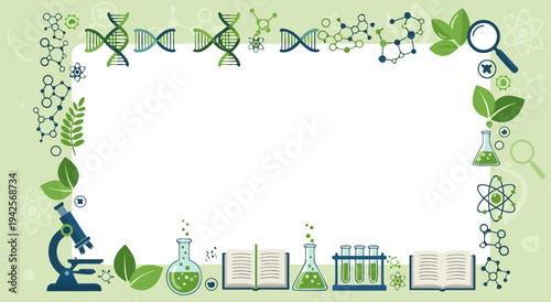 Abstract Science Frame With Molecules, Leaves And Lab Equipment - Vector Illustration