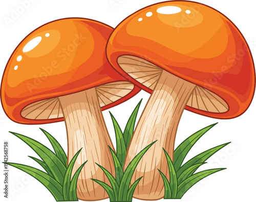 Orange Mushrooms with Grass Illustration, Vibrant Fungal Design