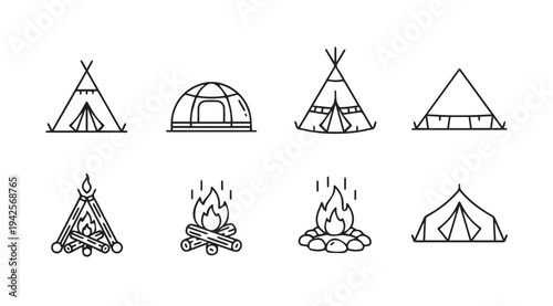 Camping Icons: Tents and Campfires Collection Outline Style Isolated on White