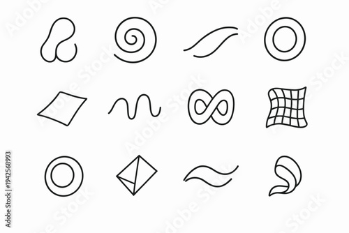 Dreamlike Icon Grid. Dreamlike abstract forms. Line outline icon set of Dreamlike abstract forms: fluid loop,