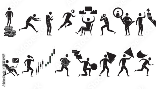 Vector silhouettes of people dancing running and performing various activities in a dynamic illustration style
