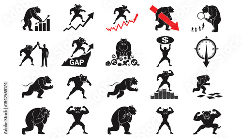 Vector illustration of people and women silhouettes in a simple black icon style showing group activities and daily life scenes