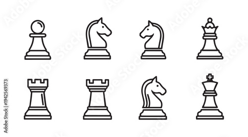 Chess Pieces Icons Set Linear Style Simple Game Elements Collection White Background