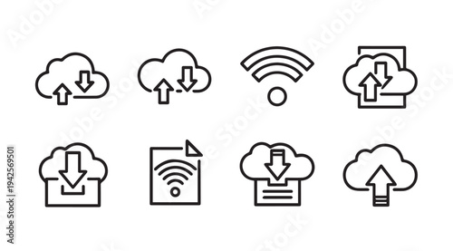 Cloud Download Upload Wifi Icons Set Vector Simple Line Art Technology Data Transfer