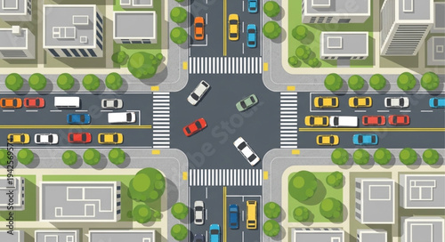 Aerial View of Busy City Intersection with Cars and Buildings.