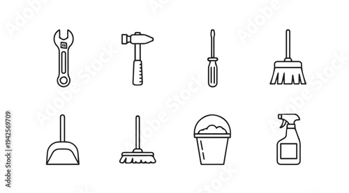 Collection of Cleaning and Repair Tools IconsVector Graphic