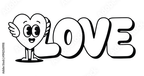 A cartoon heart with wings and a smiling face stands next to the word LOVE in a playful and affectionate illustration.