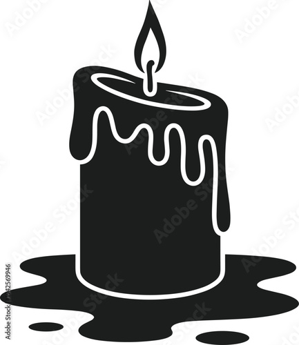 Black silhouette of a melting candle with a flame and wax puddle vector