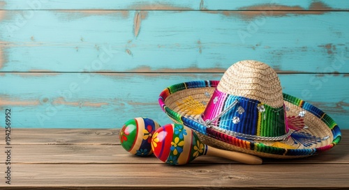 Vibrant sombrero and maracas on rustic wooden table, festive mexican symbols