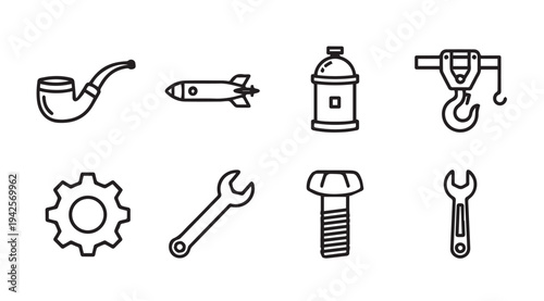 Collection of Industrial Tools and Objects Icons: Gear Wrench Bolt Pipe Rocket Canister Crane Hook