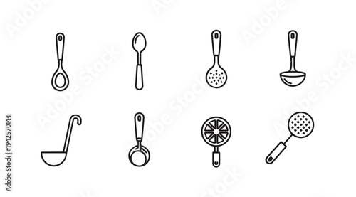 Collection of Kitchen Utensils Line Art IconsLadles Spoons Slotted Spoons