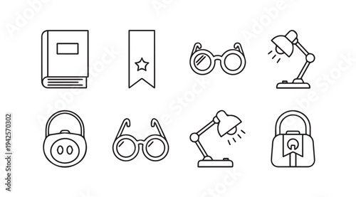 Collection of Outline Icons: Book Bookmark Glasses Desk Lamp Lock
