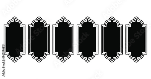 A set of six black and white ornate label frames on a plain white background