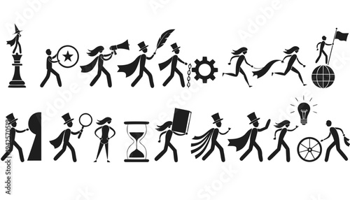 Group of people silhouettes in vector style showing a family with men women and children in active poses