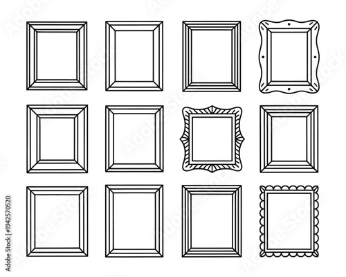 A collection of various empty picture frames on a white background