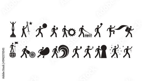 Family and people silhouettes in vector style showing men women and children in action poses like running jumping and sports