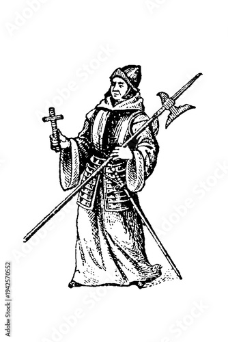 Ligueurs, medieval monk in religious attire holding a cross and polearm, symbolizing faith and strength during French Wars of Religion, old vintage illustration, 1897.