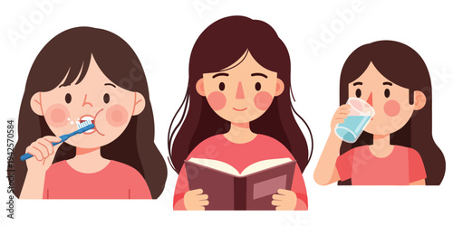 Young woman practicing daily hygiene, reading a book and drinking water