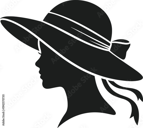 Black silhouette of a woman wearing a wide brimmed Easter bonnet with a bow and ribbons female profile