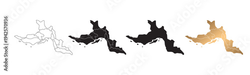 Map of Hormozgan, a province in Iran, in various styles, with black and gold outlines.