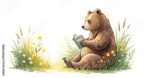World book day illustration bear enjoying a book in nature