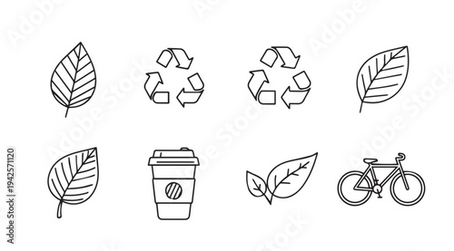 Eco Icons: Leaves Recycling Coffee Cup BicycleClean Line Art