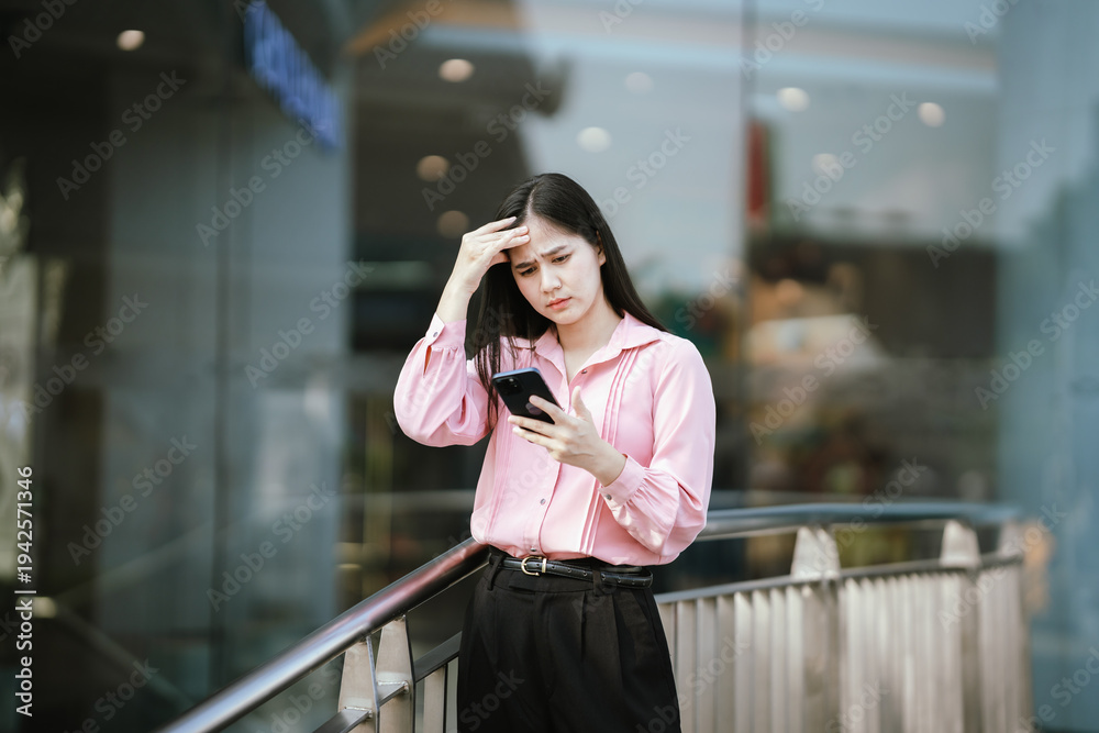 Fototapeta premium Young woman looking worried while checking her smartphone outdoors, expressing concern about a message or notification, representing digital communication problems and modern lifestyle stress.