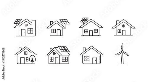 Eco-Friendly Houses with Solar Panels and Wind Turbine Icons Set