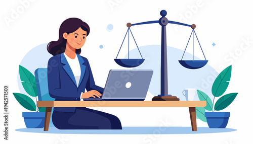 Legal Professional Working on Laptop at Desk with Scales of Justice Symbolizing Law and Order