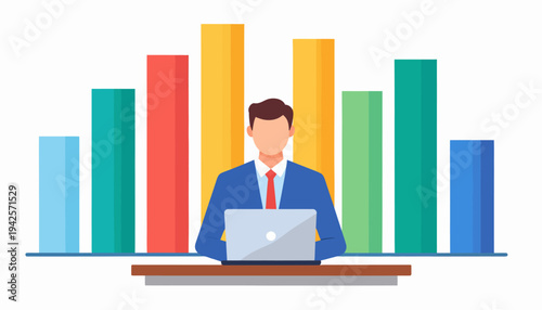 Man in Suit Working on Laptop with Colorful Bar Chart Background