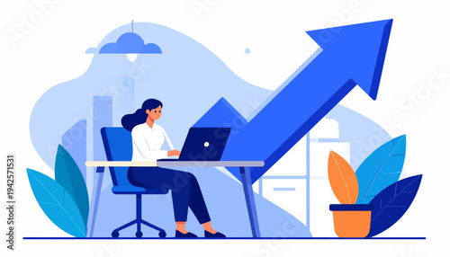 Woman working on a laptop with a rising graph symbolizing business growth and success