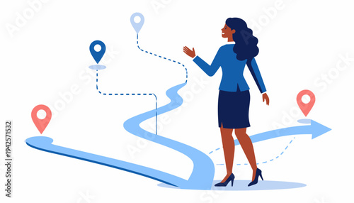 Businesswoman contemplating a strategic decision at a crossroads, choosing between different career paths and future directions