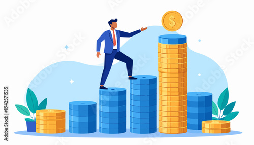 Ambitious businessman strategically investing and climbing a rising stack of golden coins, symbolizing financial success, wealth accumulation, and business growth