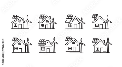 Eco-friendly Houses with Solar Panels and Wind Turbines Icon Set Line Art