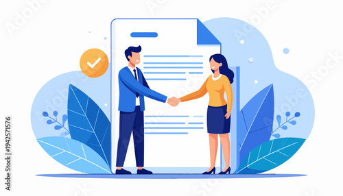 Business Partnership Agreement Handshake with Legal Document and Foliage Background