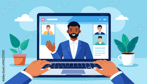 Professional hands typing on a laptop during a virtual business meeting, showcasing online collaboration and remote team communication via video conference technology