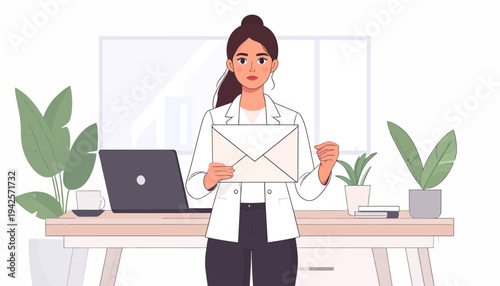 A professional woman in a modern office stands at her desk holding a sealed envelope, representing important correspondence and business communication