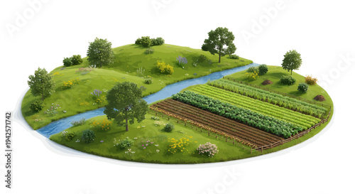 Serene farmland with river and cultivated fields