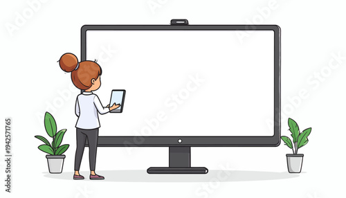 A person standing next to a large blank screen holding a tablet, with plants on either side, suitable for presentations or digital displays