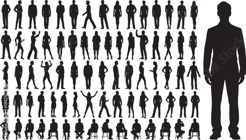 Huge Collection Of Diverse People Silhouettes In Multiple Poses Standing Walking Sitting Raising Arms, Business Casual Mix With Large Male Figure, Vector Illustration Set