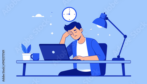 Illustration of a tired young man working late at his desk with a laptop and desk lamp, symbolizing burnout and exhaustion