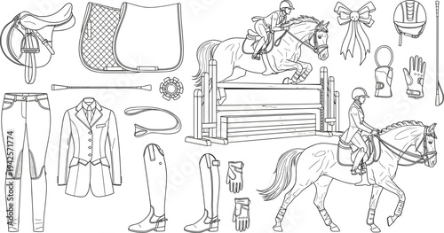 Equestrian Gear and Rider Illustration, Horseback Riding Accessories and Apparel