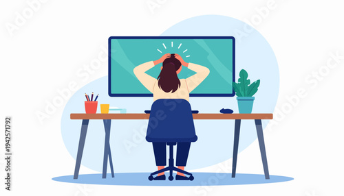 Overwhelmed woman at her desk, experiencing computer problems and work stress, depicting frustration, anxiety, and potential digital burnout in a remote work environment