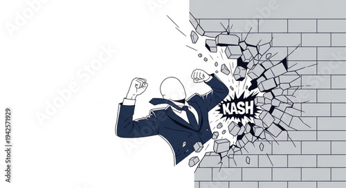 Man Breaking Through Brick Wall.